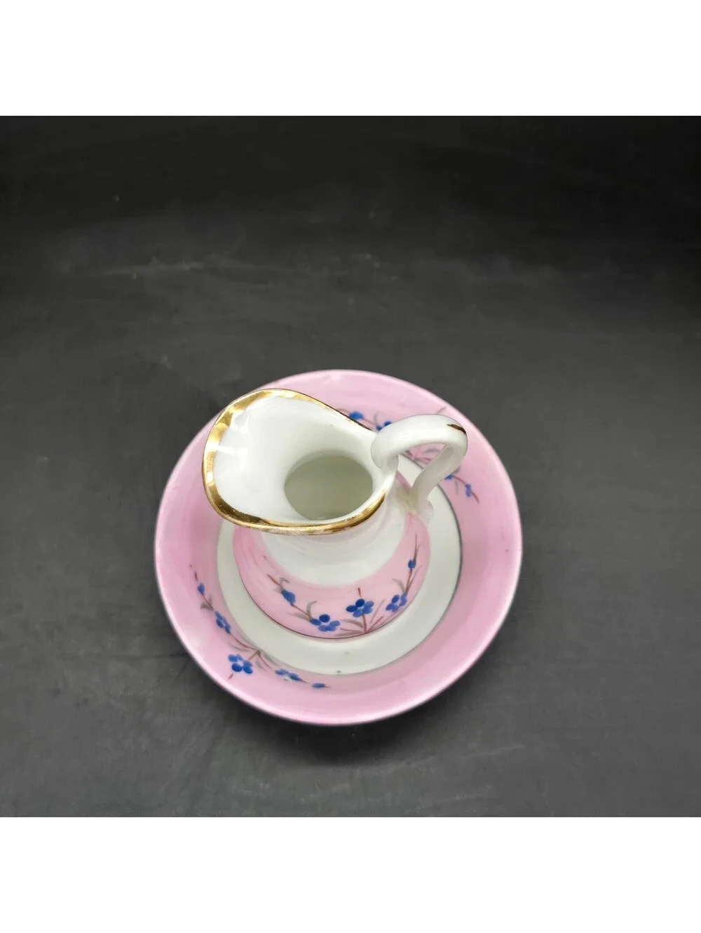 Vintage Miniature Porcelain Pitcher and Wash Basin Pink Blue Floral Gold Trim